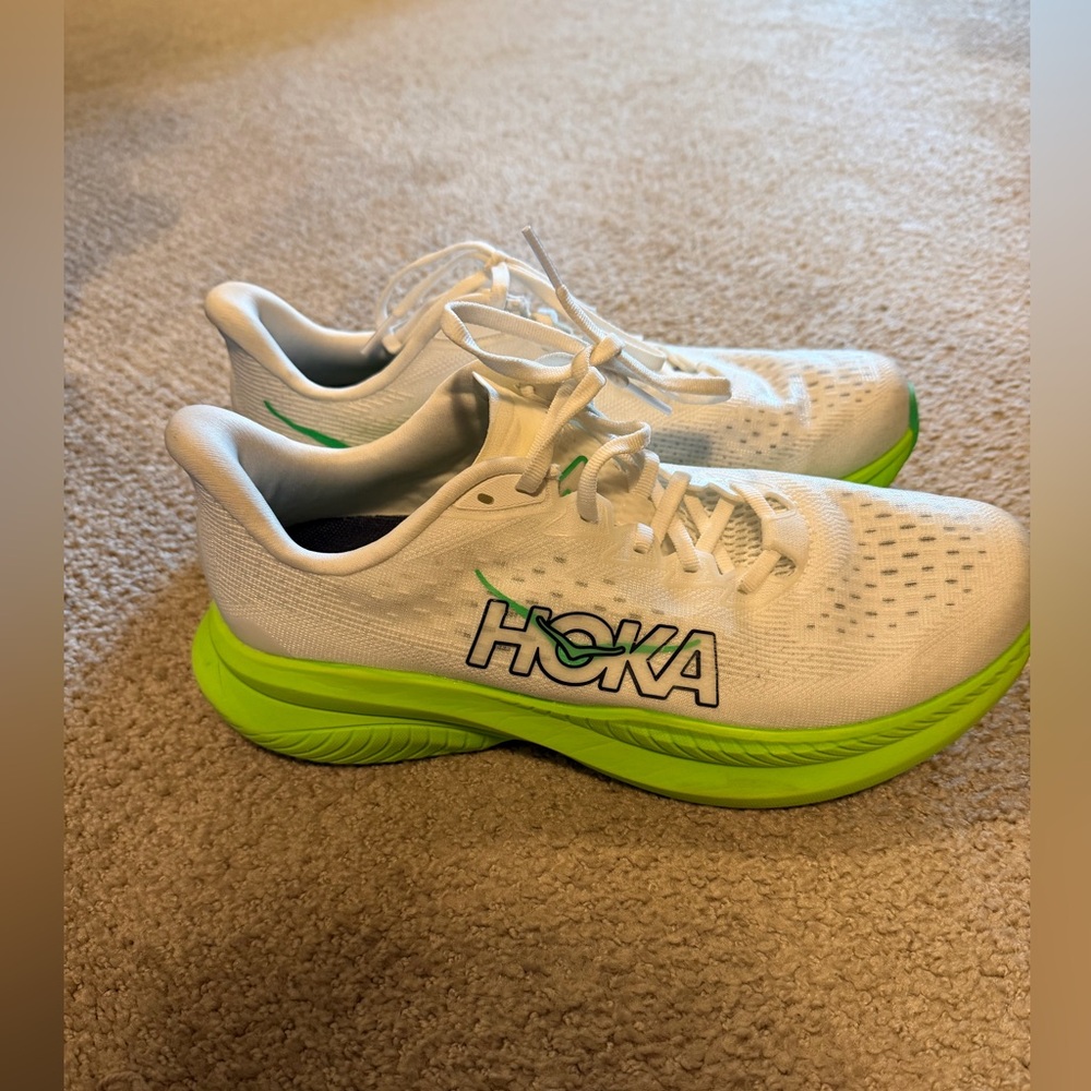 Hoka Mach 6 White and Lime Green Athletic Shoes